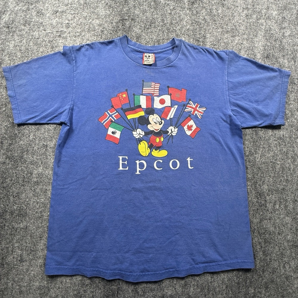 Disney Epcot Mickey Mouse T-Shirt Mens XL Blue World Flags USA Vintage 90s